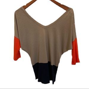 Express striped 3/4 sleeve V neck navy taupe top